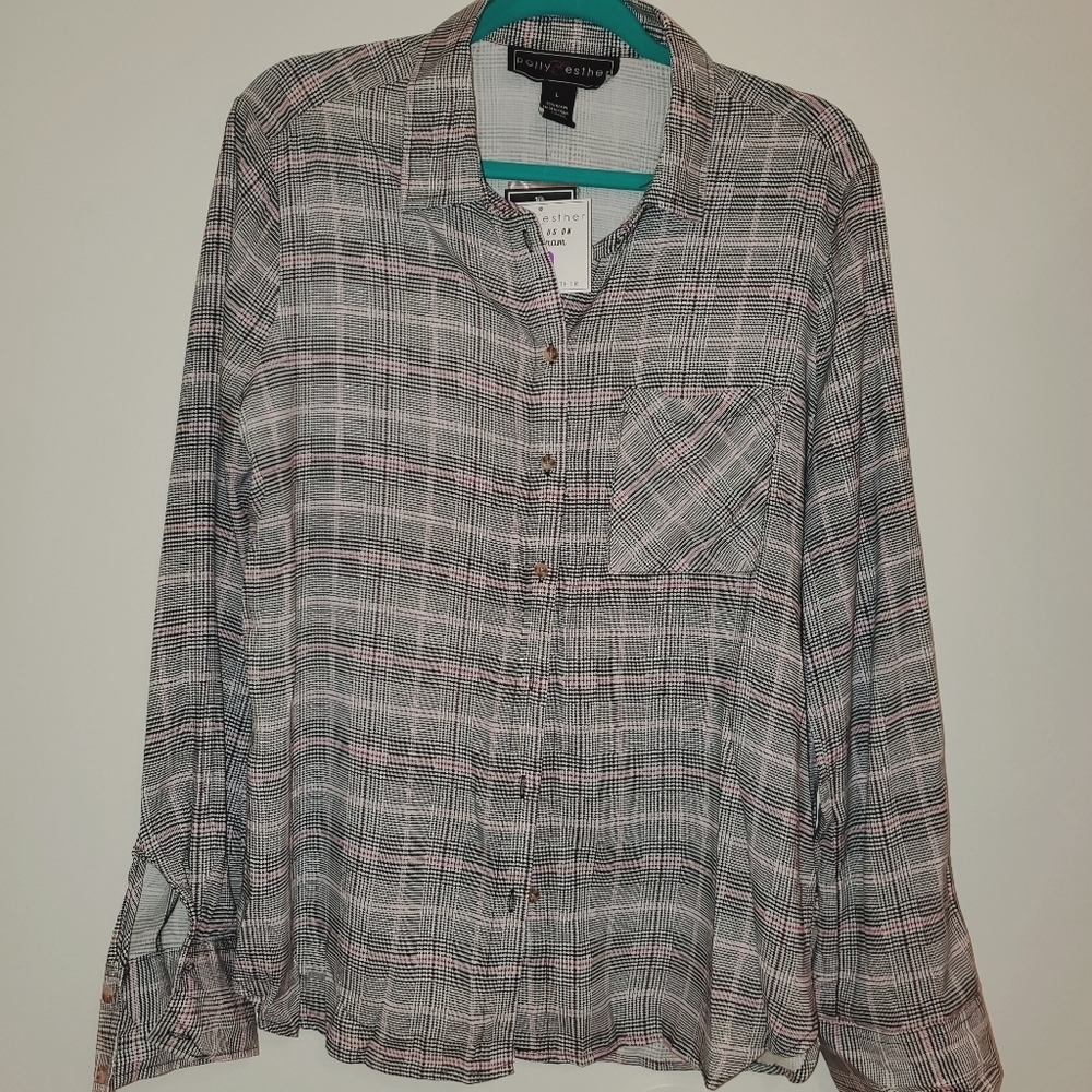 Polly & Esther NWT Long Sleeve Button Down Blouse - Pink and Black 0138